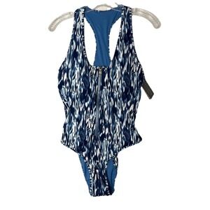 NWT Smart & Sexy French Cut One Piece Swimsuit L Fluid Fantasy Zipper Front Blue
